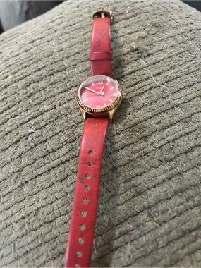 Fossil Women's Red Leather Strap Watch with Rose Gold Case and Red Dial